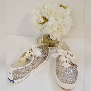 Kate Spade x Keds Glittery Silver Sneakers with Ribbon Shoelace NEW NWOB
